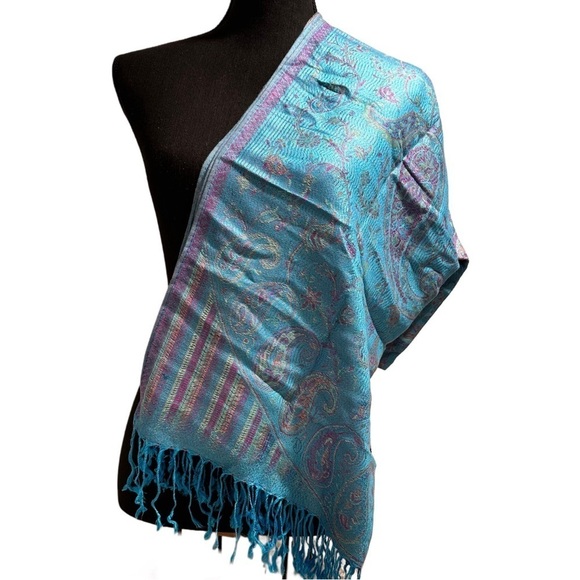 Elegant Shawl in Sky Blue with Purple- Versatile Wrap, Scarf, Veil Soft & Cozy - Picture 9 of 15